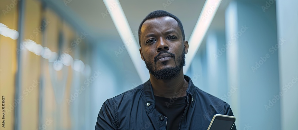 Poster close up photo of an african american man holding a cellphone against a long corridor backdrop. copy