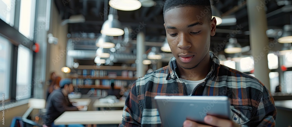 Poster a young man is in an office using a tablet pc to search for the word tutoring online. copy space ima