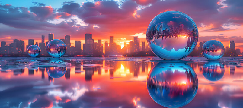 A high-definition shot of a metallic 3D object reflecting a vibrant sunset over a city skyline
