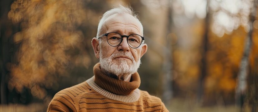 Outdoor photo of a 50 year old man dressed in a brown pullover and wearing glasses. Copy space image. Place for adding text and design