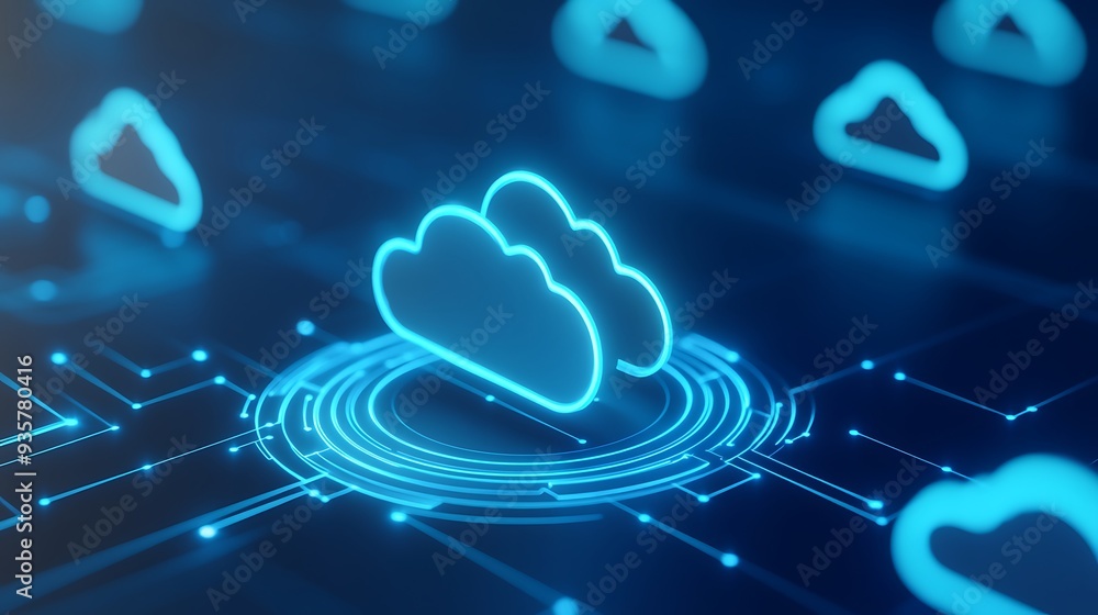 Poster futuristic blue cloud computing and network technology concept with glowing icons, representing data