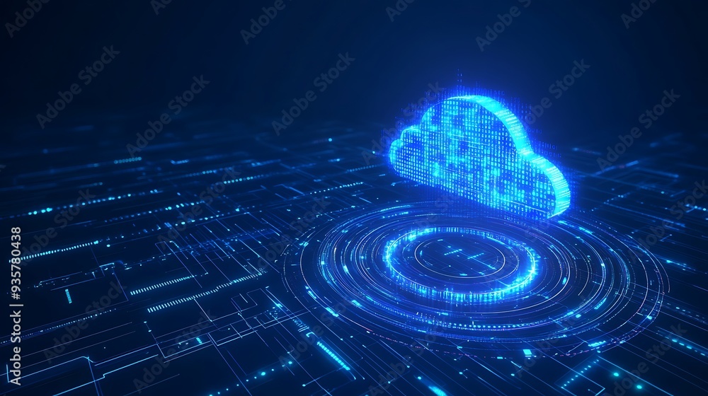 Poster futuristic blue cloud computing digital concept with glowing cloud icon and circular interface on a 