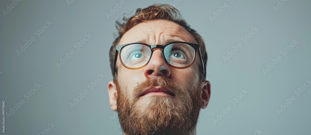 Poster portrait of a businessman wearing eyeglasses set against a gray background. copy space image. place 