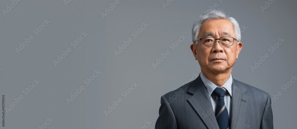 Poster portrait of an older asian businessman set against a gray background. copy space image. place for ad