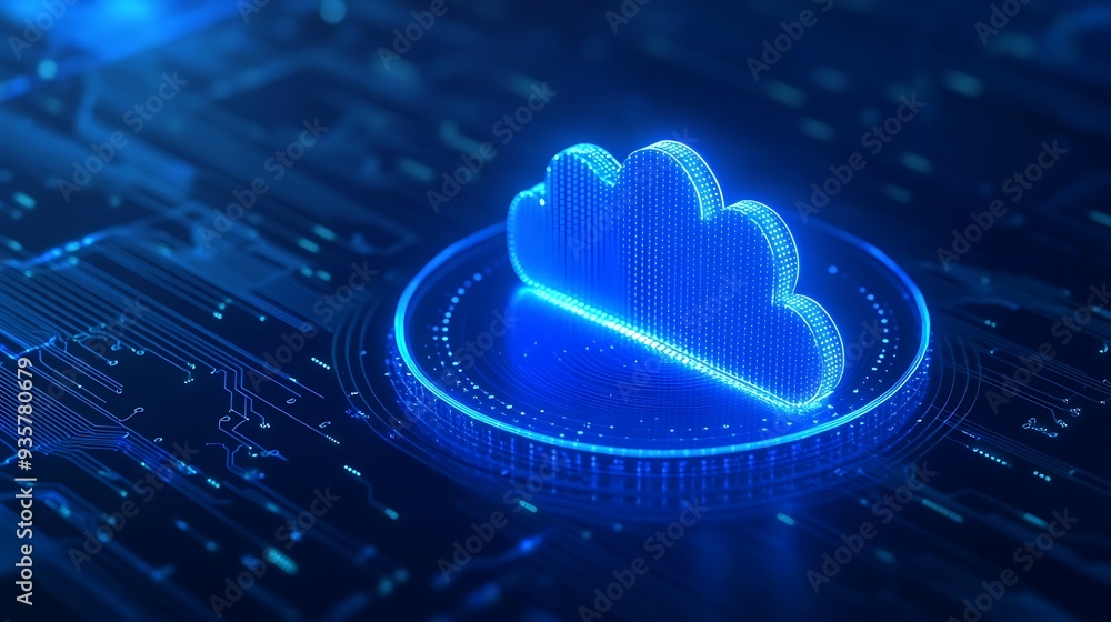 Aufkleber futuristic blue neon cloud icon on a digital circuit board, symbolizing cloud computing technology a