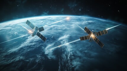 Obraz premium Two futuristic satellites in orbit around Earth, connected by energy beams, showcasing advanced technology and space exploration