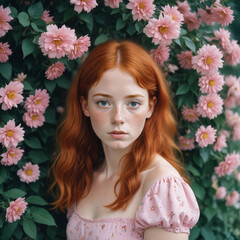 Naklejka premium Young girl with long red hair and freckles among pink flowers