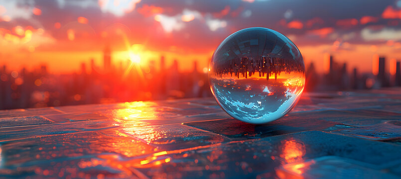 A high-definition shot of a metallic 3D object reflecting a vibrant sunset over a city skyline