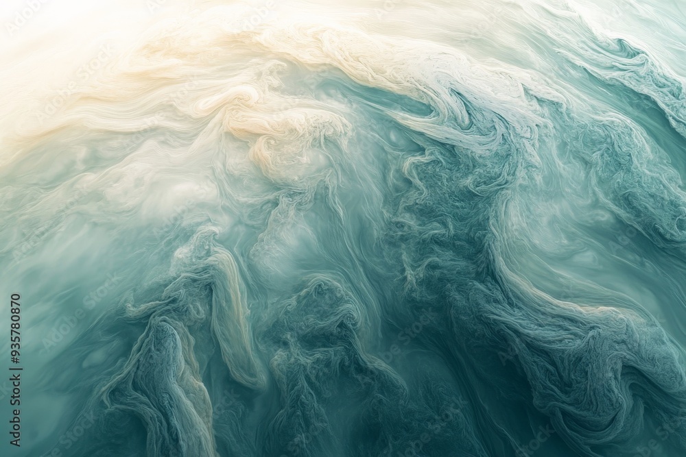 Poster this serene image depicts abstract waves in different shades of teal with light reflections, represe