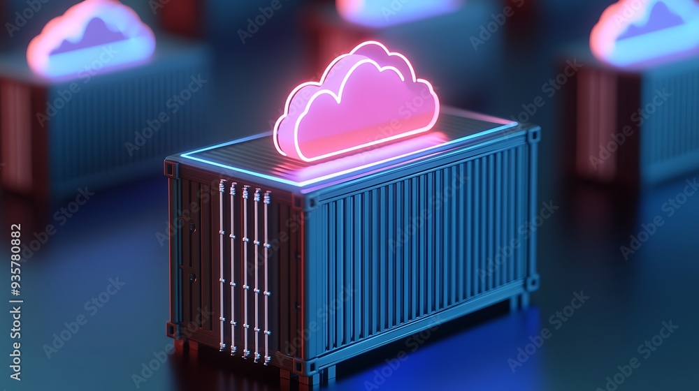 Poster futuristic cloud computing and data storage concept with neon light cloud symbol on server container