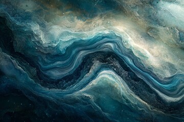 This stunning image features abstract, swirling waves in vibrant blue and teal colors, evoking the dynamic movement of ocean currents and a sense of fluidity and motion.