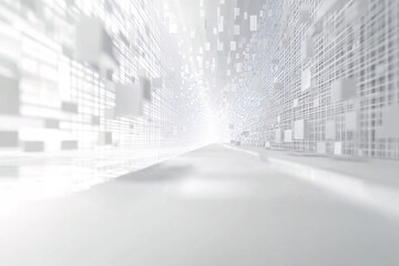 A light-filled digital tunnel with a grid pattern and abstract cubes floating, giving a futuristic and minimalistic feel with a sense of depth