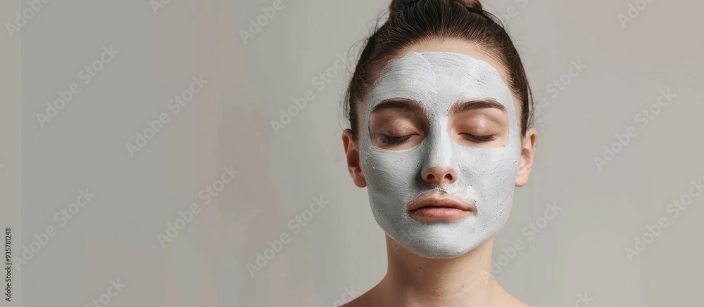 Poster young woman with a clay mask on her face in front of a light background with space for text skin car