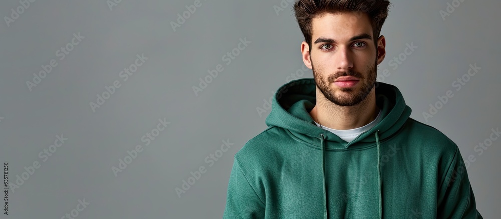 Aufkleber attractive man in a green hoodie set against a gray background. copy space image. place for adding t