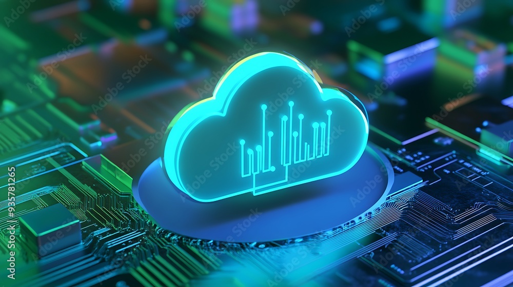 Poster futuristic cloud computing concept illustration with glowing circuit board, highlighting digital dat