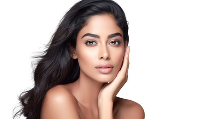 Obraz premium Beautiful indian woman face and body with hands on her face on transparent background PNG.