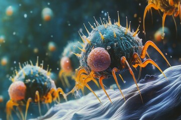 Highly detailed depiction of microscopic organisms featuring vibrant, colorful appendages, showcasing microscopic life set against a dramatic textural background.