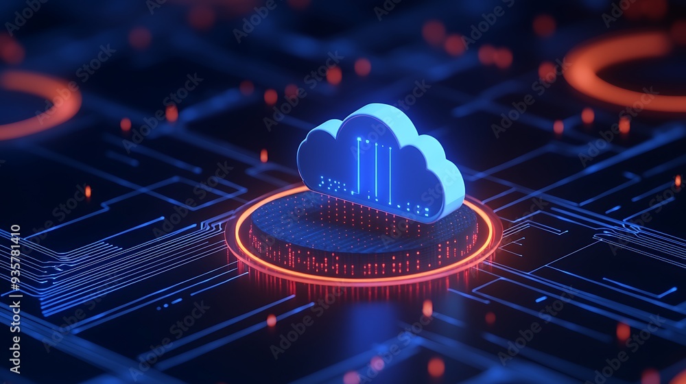 Poster futuristic cloud computing concept on a digital circuit board, illustrating data storage and technol