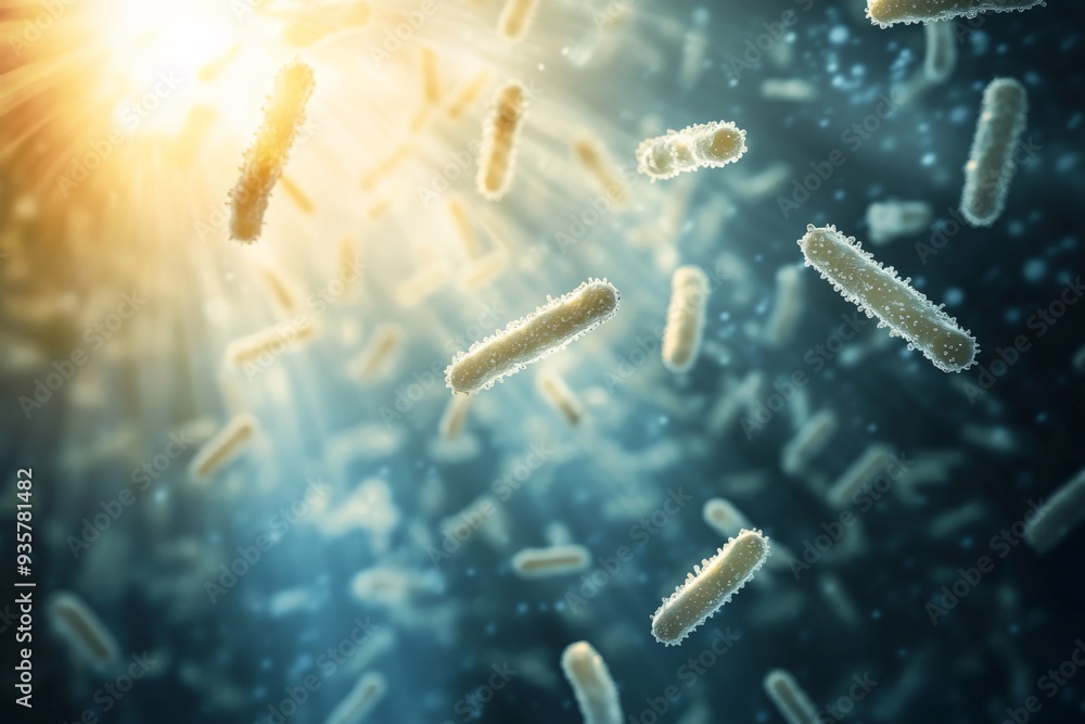 Aufkleber A highly detailed close-up view of bacteria thriving in a sunlit aquatic environment, highlighting the intricate structures and dynamic movement of these microorganisms.