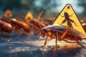 A detailed close-up view of a cockroach amidst a bustling outdoor environment, enhanced by intriguing lighting and cautionary signs in the background.