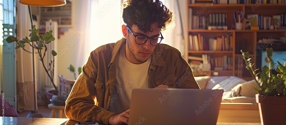 Aufkleber young entrepreneur brainstorming new ideas while using a laptop at a table in their home. copy space