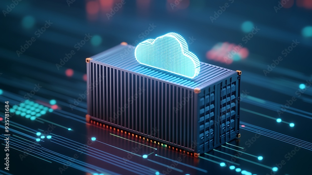 Poster futuristic cloud computing concept with a digital container on a circuit board, symbolizing data sto