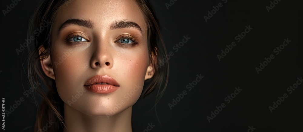 Poster attractive girl against a black backdrop. copy space image. place for adding text and design