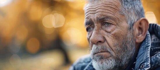 Portrait of a distressed sad senior Caucasian man in a park outdoors with copy space Spring healthcare lifestyle elderly stress challenging retirement golden age crisis concept panoramic banner
