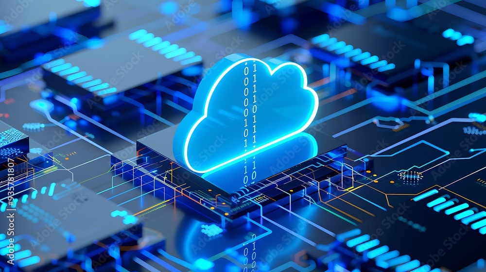 Poster futuristic cloud computing concept with a glowing blue cloud figure on a technological circuit board