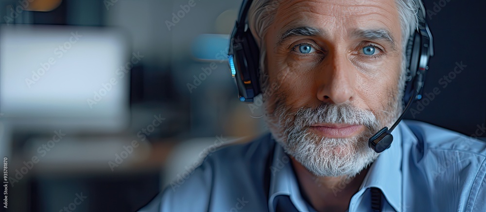Poster call center agent wearing a headset operates on a support hotline in a contemporary office with copy