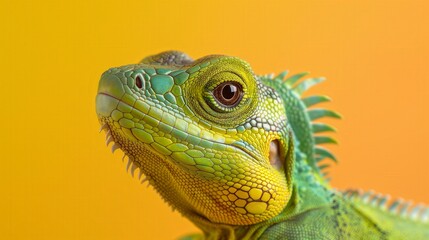 Fototapeta premium Close-up portrait of a vibrant green iguana head showing detailed scales and eye against a bright yellow background.