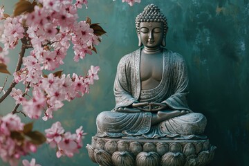 Fototapeta premium Buddha statue with cherry blossom