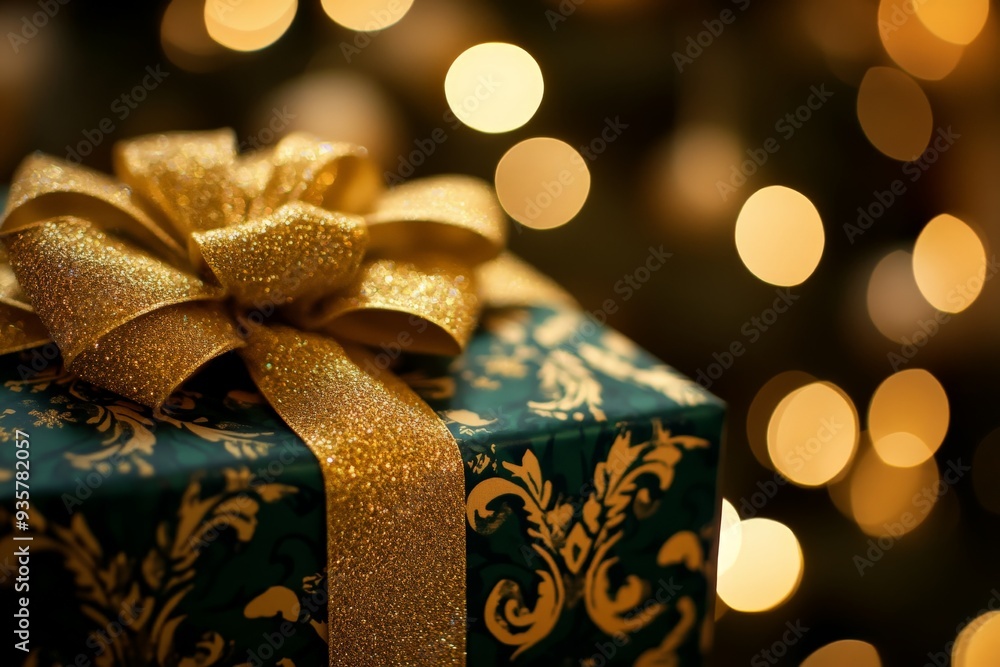 Poster the image features a green gift box wrapped with intricate gold patterns and adorned with a shimmeri