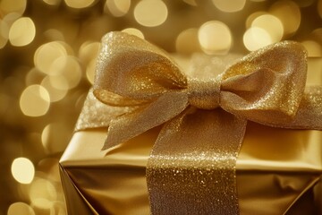 A shiny gold-wrapped gift box adorned with a sparkling ribbon, captured in the glow of golden lights, perfect for luxurious and festive occasions.