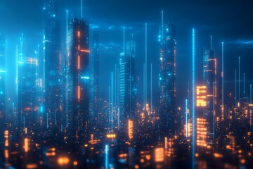 Fototapeta premium A futuristic cityscape illuminated by glowing skyscrapers and vibrant lights, showcasing a high-tech environment filled with digital elements and a captivating night atmosphere