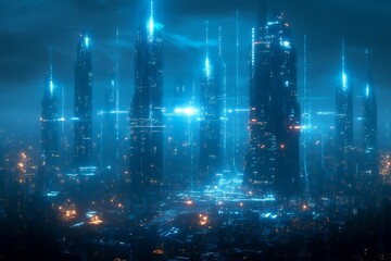 Fototapeta premium A futuristic cityscape illuminated by neon lights and towering skyscrapers, set against a misty backdrop, evoking a sci-fi atmosphere