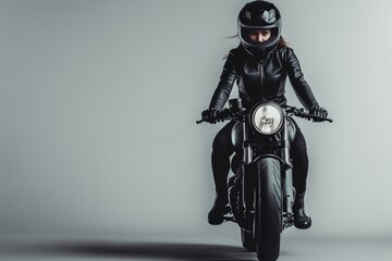 Black-Clad Biker Riding Motorcycle, Isolated on Grey Background