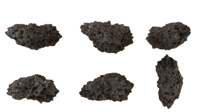 Set of six purple and gray rocks isolated on transparent background.