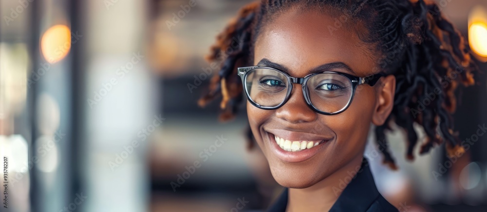 Poster close up of a lovely woman in business customer service smiling. copy space image. place for adding 