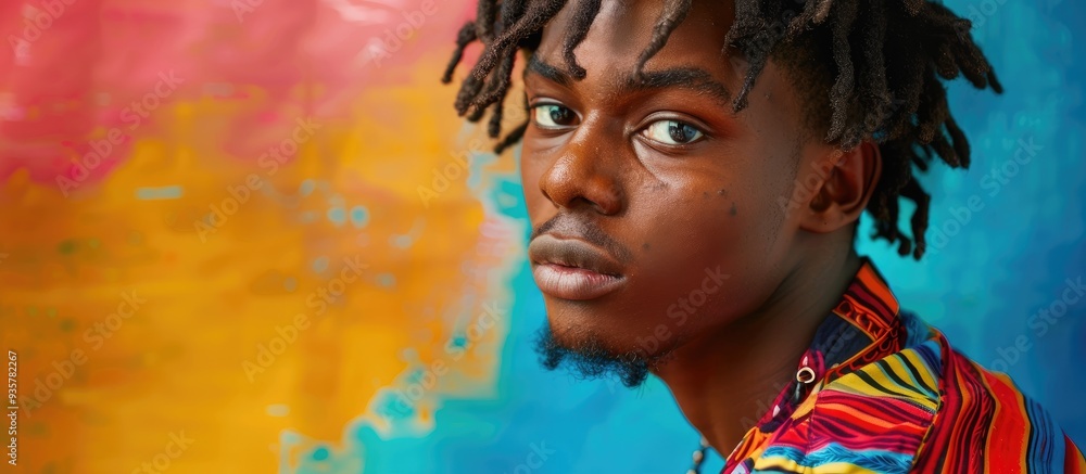 Poster young expressive male model set against a colorful background. copy space image. place for adding te