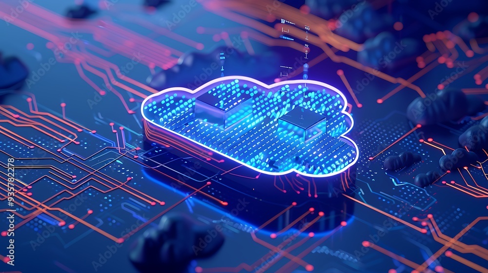 Poster futuristic cloud computing concept with a glowing digital cloud symbol on a microchip background, re