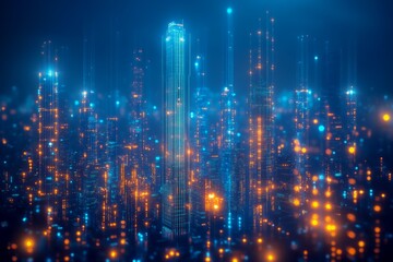 Obraz premium A vibrant, futuristic cityscape illuminated by glowing lights, showcasing tall buildings and a dynamic atmosphere in shades of blue and orange