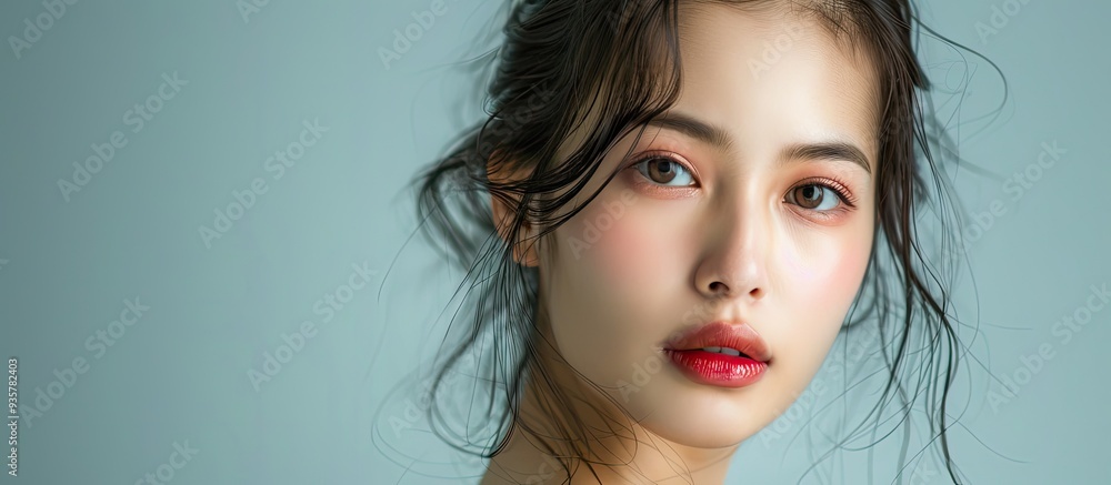 Poster studio image of a young attractive asian woman set against a gray backdrop. copy space image. place 