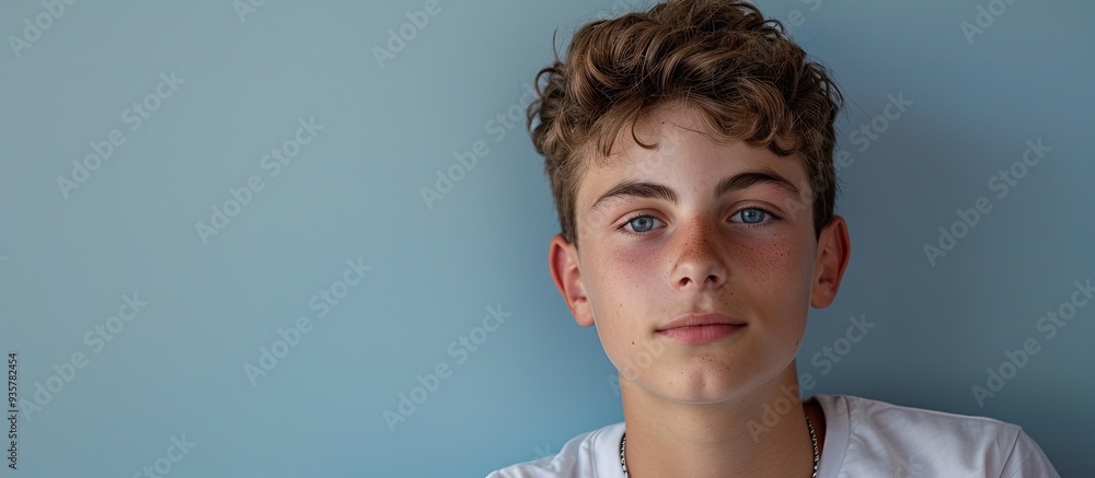 Poster portrait of a young man positioned in front of a plain background. copy space image. place for addin