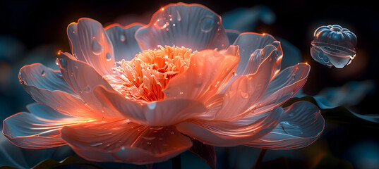 A macro shot of a blooming flower with a translucent 3D object hovering nearby