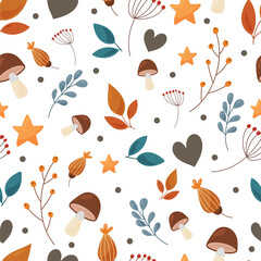 Beautiful romantic autumn botanical pattern with mushrooms, leaves, branches and stars. Great for harvest festival cards, banner, textile, wallpaper - vector design