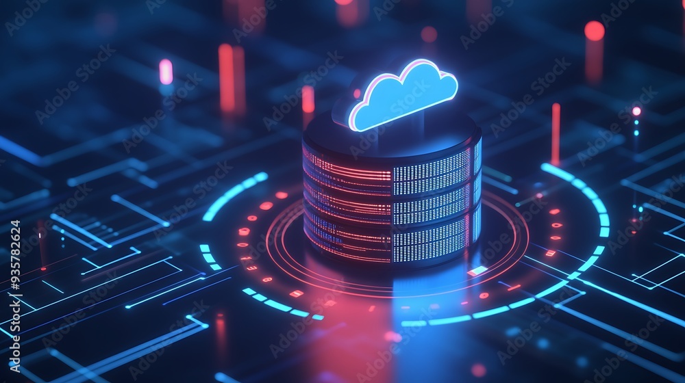 Poster futuristic cloud computing concept with data center server and digital connections, illustrating mod