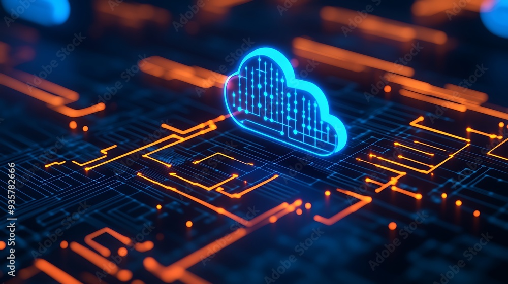 Poster futuristic cloud computing concept with digital circuit board and glowing elements. modern technolog