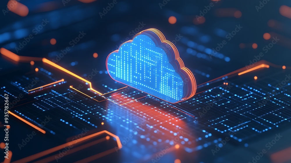 Poster futuristic cloud computing concept with digital circuit board and glowing technology elements, symbo