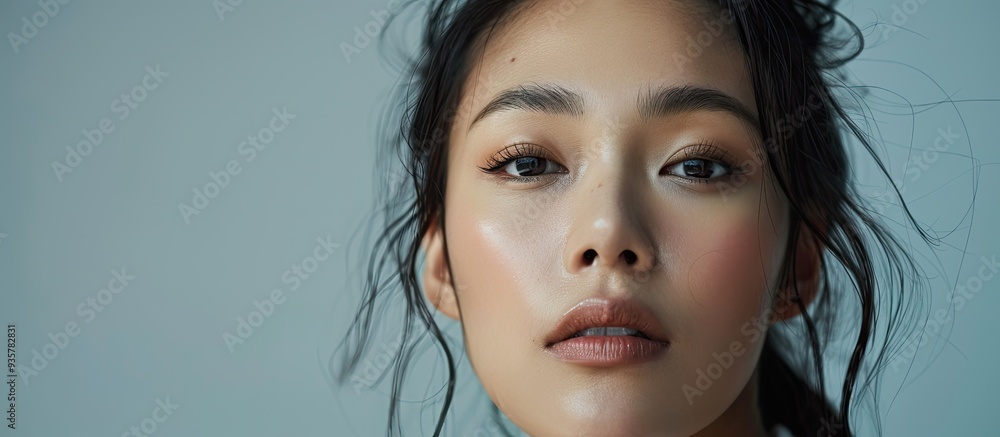 Poster studio image of a young attractive asian woman set against a gray backdrop. copy space image. place 